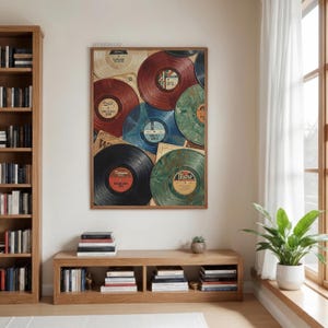 May include: A framed print featuring a collection of vintage vinyl records in various colors, including red, blue, and green. The records have labels with text and are arranged on a light-colored background, creating a retro aesthetic.