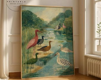 Lámina artística de pájaros caprichosos: ilustración colorida de una grulla, decoración popular moderna, descarga digital