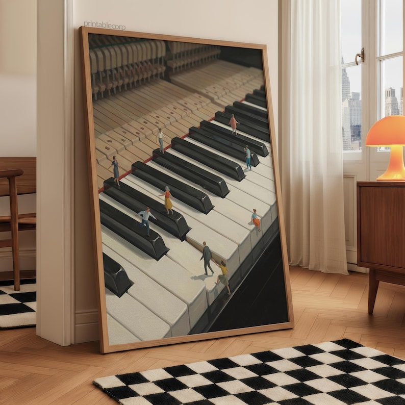 May include: A framed art print depicts a piano keyboard with miniature figures walking on the keys. The black and white keys are angled, and the print is in a light-colored wooden frame. The text "printablecorp" is in the top left corner.