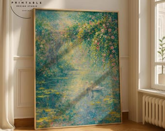 Monet Style Pastel Oil Painting Print, French Country Wall Decor, Impressionist Floral Wall Art, Vintage Water Lily Poster, Cottagecore Art