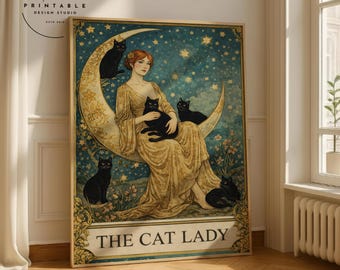 The Cat Lady Tarot Print, Art Nouveau Cat Lovers Wall Art, Vintage Cat Poster, Cat Mom Gift, Unique Cat Print, Apartment Decor