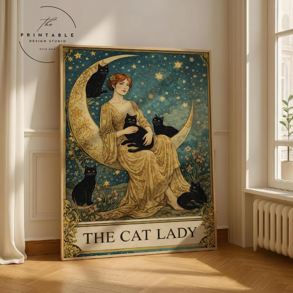 The Cat Lady Tarot Print, Art Nouveau Cat Lovers Wall Art, Vintage Cat Poster, Cat Mom Gift, Unique Cat Print, Apartment Decor