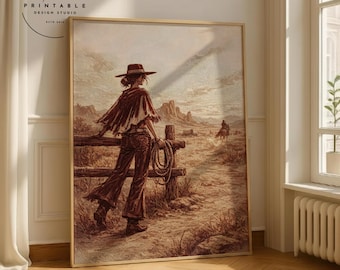 Vintage Cowboy Girl Wall Art, Rustic Western Landscape Poster, Cowgirl with Lasso Oil Painting, Desert Adventure, Wild West Digital Download