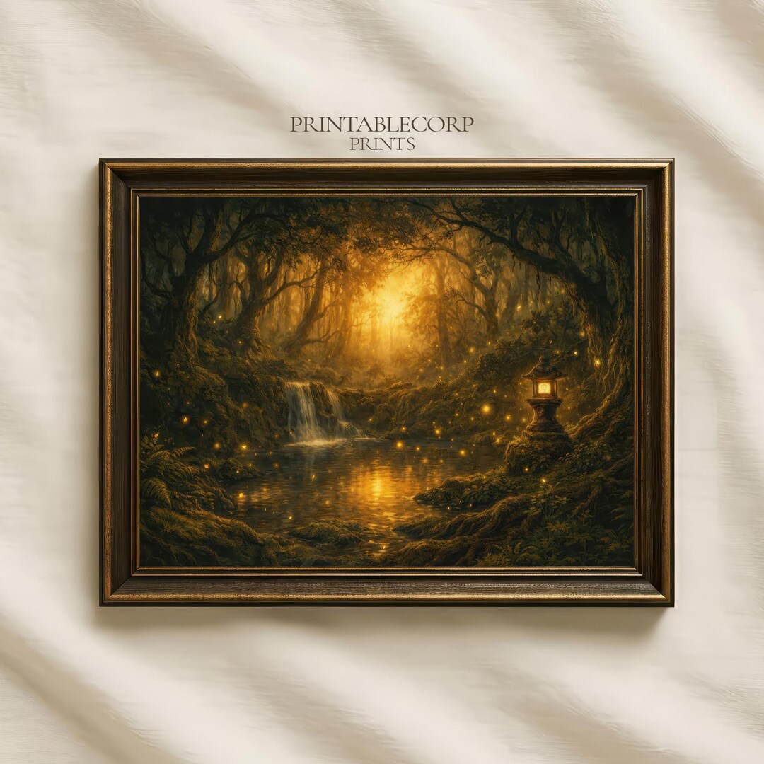 Moody Enchanted Forest Lantern Print, Magical Firefly Woodland Wall Art ...