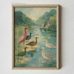 Puede incluir: L&aacute;mina art&iacute;stica enmarcada que representa un paisaje sereno con una masa de agua y varias aves zancudas. Las aves est&aacute;n representadas en varios colores y patrones, incluyendo rosa, verde, negro y blanco moteado. El fondo muestra una exuberante vegetaci&oacute;n y un cielo suave y nublado.