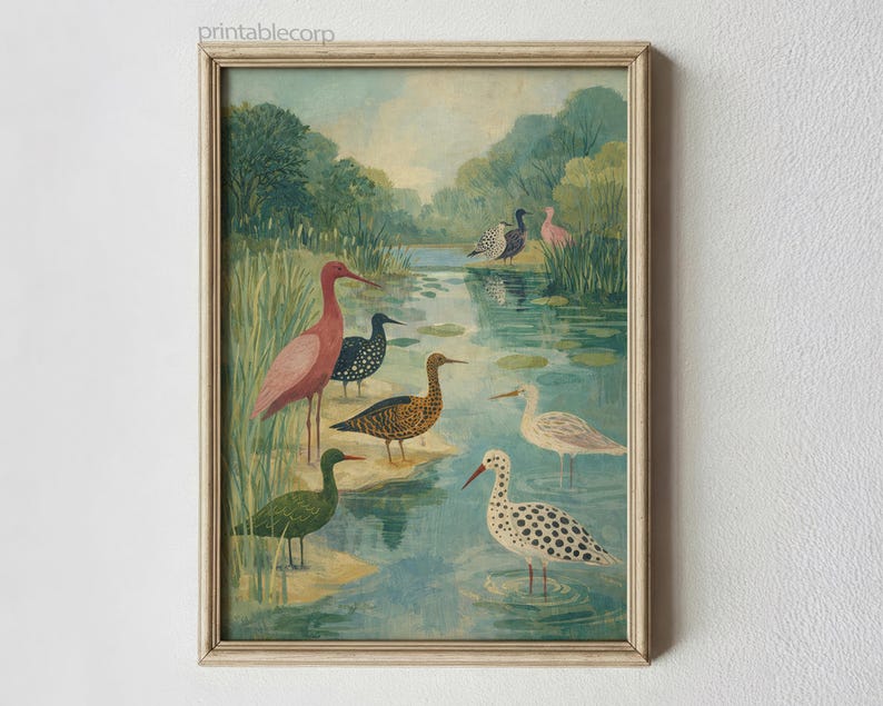 Puede incluir: L&aacute;mina art&iacute;stica enmarcada que representa un paisaje sereno con una masa de agua y varias aves zancudas. Las aves est&aacute;n representadas en varios colores y patrones, incluyendo rosa, verde, negro y blanco moteado. El fondo muestra una exuberante vegetaci&oacute;n y un cielo suave y nublado.