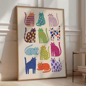 Puede incluir: Una impresi&oacute;n art&iacute;stica enmarcada con ilustraciones de gatos coloridos y estilizados. Cada gato se representa con un patr&oacute;n y color &uacute;nicos, incluyendo rayas, lunares y tonos s&oacute;lidos. La obra de arte se presenta sobre un fondo neutro.