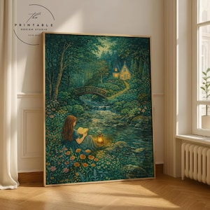 Lámina artística "Niña leyendo junto al río", descarga digital estilo cottagecore, arte mural de bosque caprichoso, regalo para amantes de los libros, lámina para una noche acogedora.