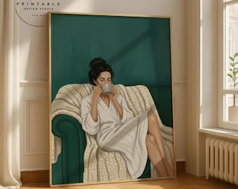 Girl with Coffee Print Emerald Green Abstract People Wall Art Coffee Poster Trendy Contemporary Artwork Stripe Woman Print Digital Download