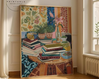 Affiche bohème vibrante, décoration murale livres et plantes colorées, peinture éclectique style Matisse, art maximaliste pour la maison, cadeau esthétique rétro