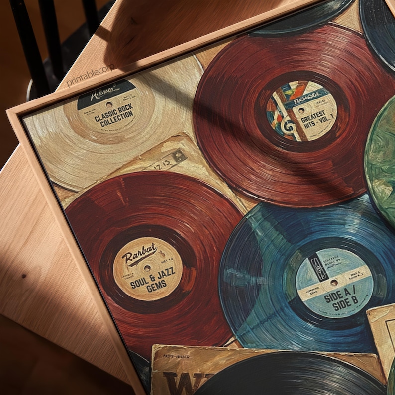 May include: A framed print featuring several vintage vinyl records. The records are in shades of red, blue, and green, with labels that read "Classic Rock Collection," "Greatest Hits Vol. 1," and "Soul & Jazz Gems." The print is displayed in a wooden frame.