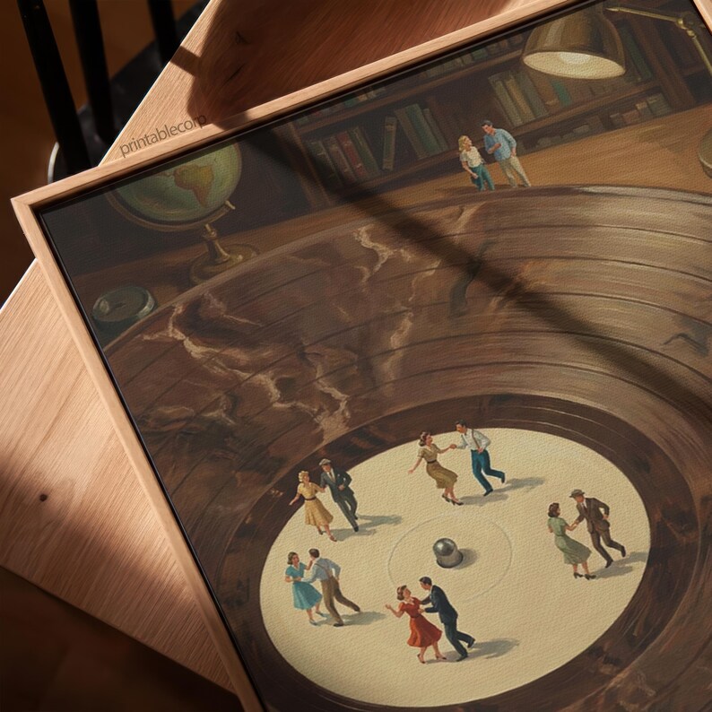 May include: A framed print featuring a vintage-style illustration of couples dancing on a record. The artwork has a warm color palette with a globe and a lamp in the background. The text "printable.com" is visible on the frame.