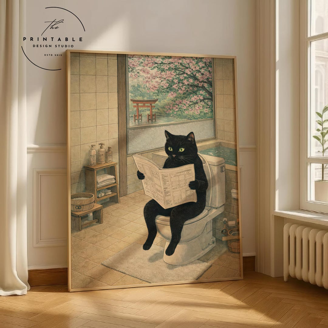 Japanese Black Cat on Toilet Print: Funny Bathroom Wall Art | Digital ...