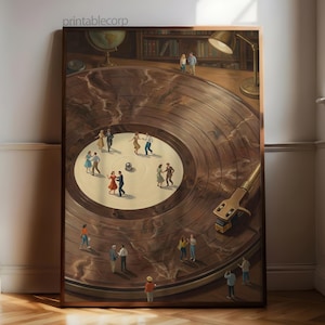 May include: A framed artwork depicts a vintage record player with miniature figures dancing on the record's surface. The artwork features a warm color palette with a brown wooden frame, a globe, and a lamp.