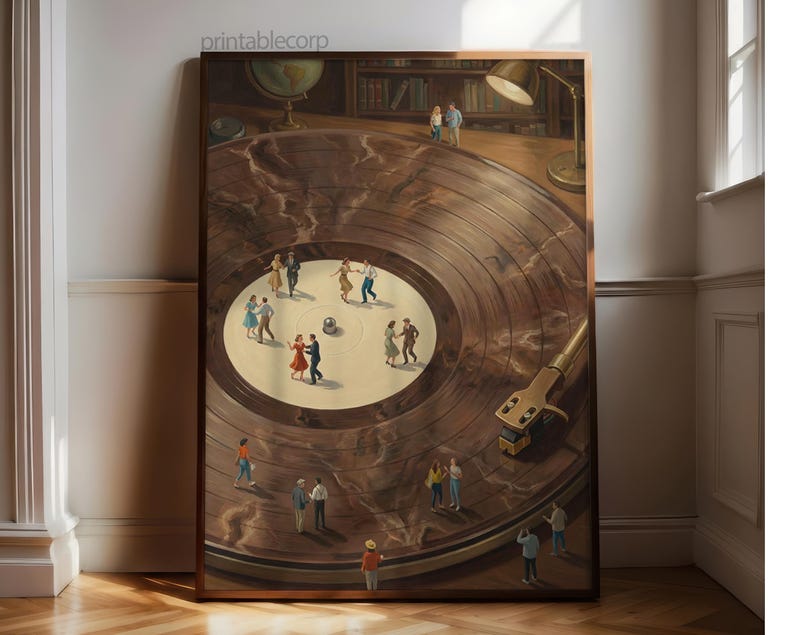 May include: A framed artwork depicts a vintage record player with miniature figures dancing on the record's surface. The artwork features a warm color palette with a brown wooden frame, a globe, and a lamp.