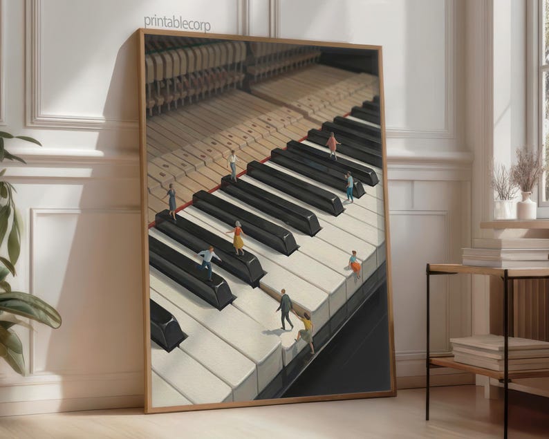 May include: A framed art print depicts a piano keyboard with miniature figures walking on the keys. The keys are black and white, and the frame is a light brown color. The print is leaning against a wall.