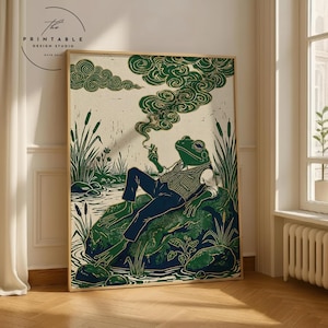 Póster vintage de rana fumando un cigarrillo, impresión retro caprichosa, divertido animal, decoración de pared, póster para carrito de bar, arte de pared peculiar para cocina.
