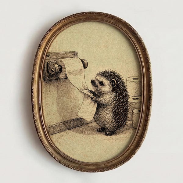 Funny Bathroom Wall Art of Vintage Hedgehog Print: Retro Bathroom Wall Decor, Cottagecore Printable, Farmhouse Art, Digital Download