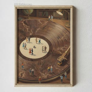 May include: Framed art print depicting a vintage record player with miniature figures dancing on the record. The artwork features a warm color palette with a brown record and a gold-toned tonearm. A lamp and a globe are visible in the background.