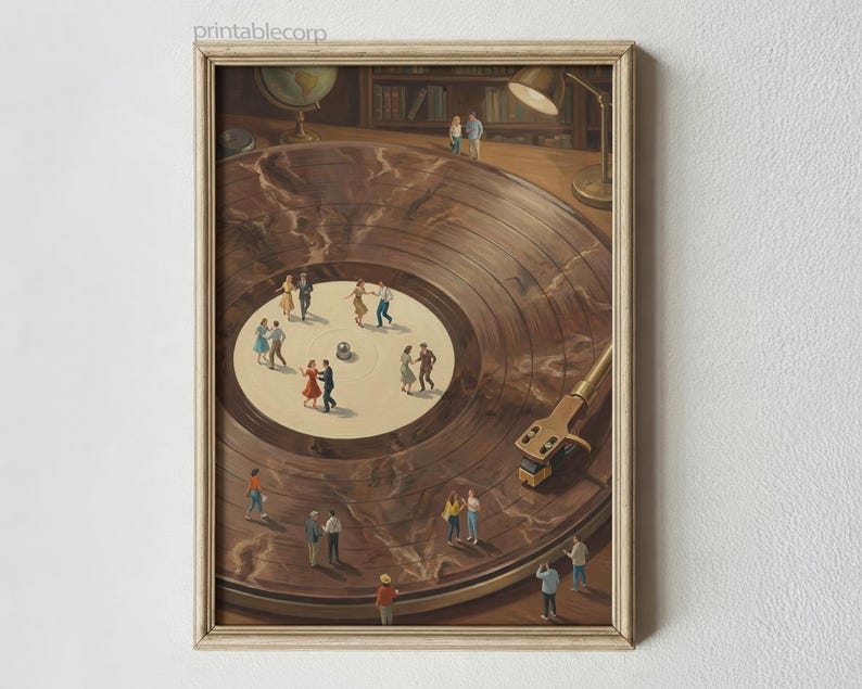 May include: Framed art print depicting a vintage record player with miniature figures dancing on the record. The artwork features a warm color palette with a brown record and a gold-toned tonearm. A lamp and a globe are visible in the background.