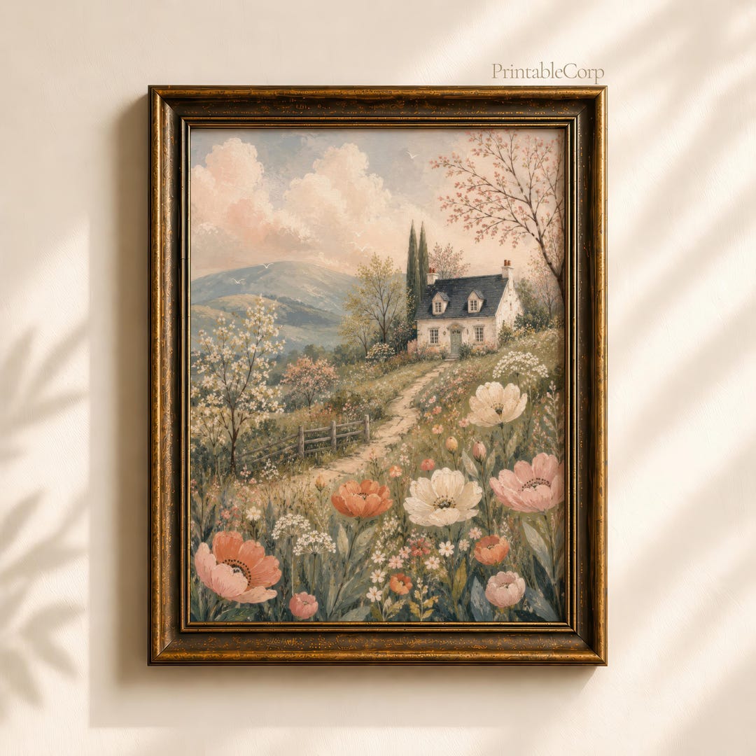 Spring Cottage Wall Art Printable, Whimsical Floral Landscape Print ...