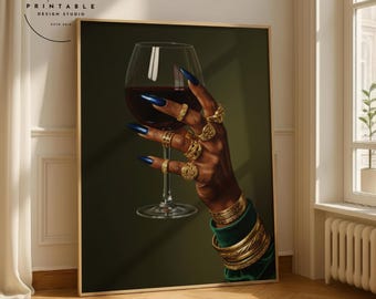 Black Woman Holding Elegant Wine Glass Art, Black Girl Art, Black Woman Art, Trendy Black Girl Wall Art Printable Wall Art Classy Modern y2k