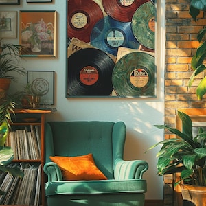 May include: A framed print featuring a collection of vintage vinyl records in various colors, including red, blue, and green. The print hangs above a teal armchair with an orange pillow. A bookshelf and potted plants complete the cozy, retro-themed scene.