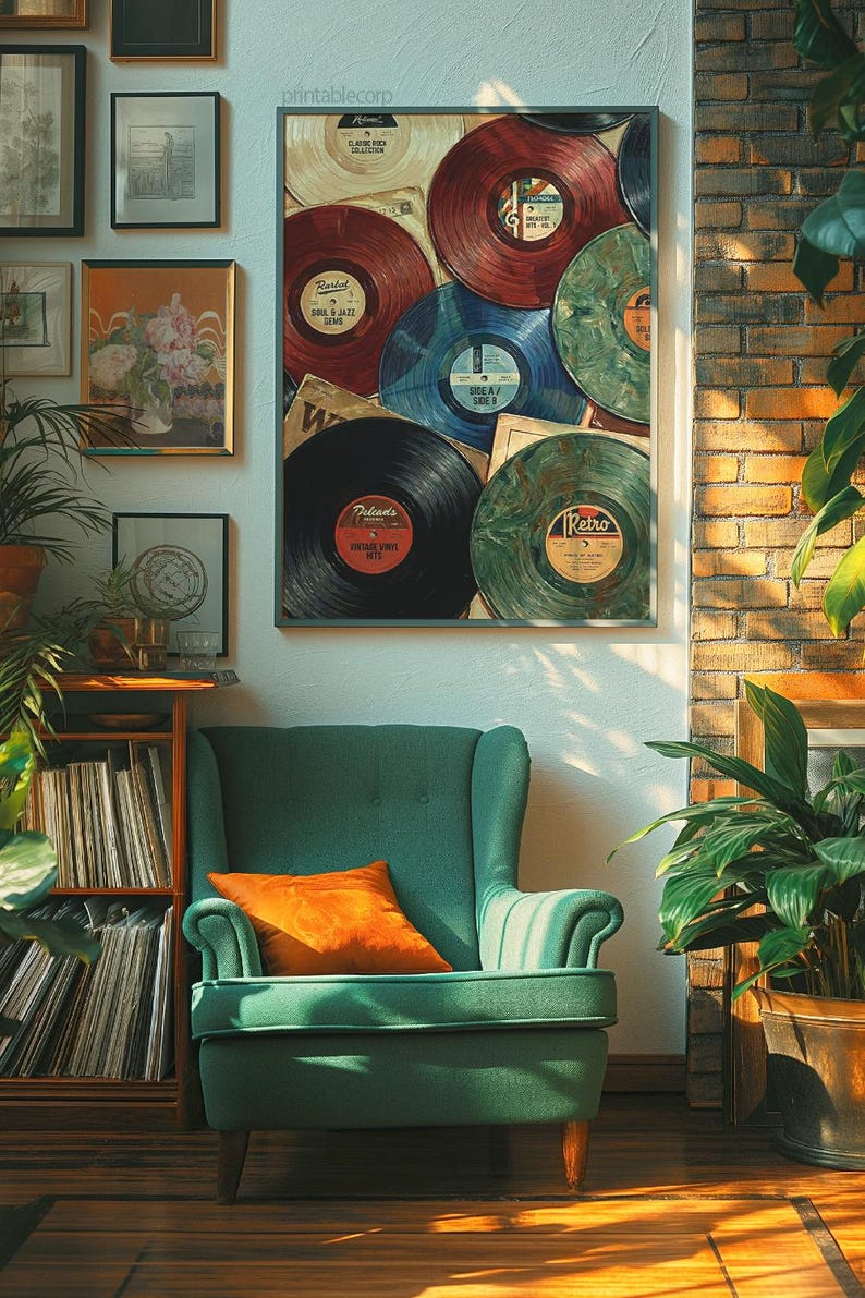 May include: A framed print featuring a collection of vintage vinyl records in various colors, including red, blue, and green. The print hangs above a teal armchair with an orange pillow. A bookshelf and potted plants complete the cozy, retro-themed scene.