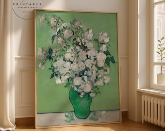 Rosas de Vincent van Gogh / Pintura impresionista / Impresión de flores blancas / Impresión floral vintage / Arte mural imprimible / Descarga digital