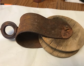 Vintage cast iron with wood wheel barn pulley L-1.