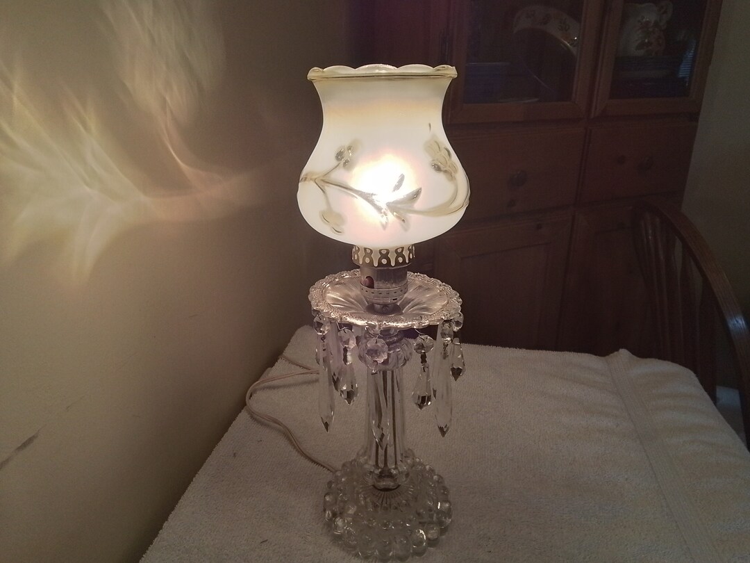 Vintage Small Table Lamp With Glass Base and Stem and Frosted Etched