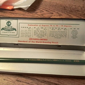 May include: A vintage tin box with a green and white label that reads "A.W. Faber-Castell Standard of the World Drawing Pencil." The label includes a chart explaining the different degrees of hardness for drawing pencils. The box is open and contains a green A.W. Faber-Castell pencil.