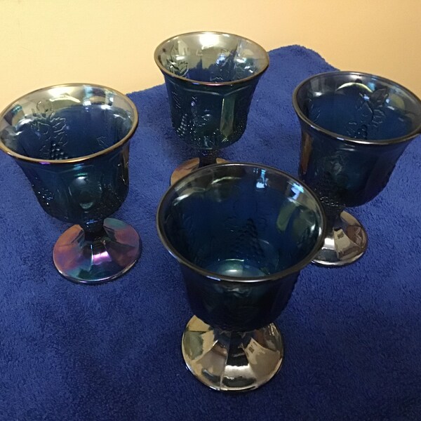 Vintage Four Indiana Harvest Blue Carnival Grape Pattern Goblets.