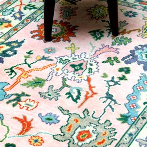 Hand Knotted Pink Oushak Rug: Colorful Wool Area Rug