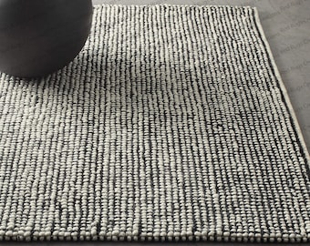 Black and White Chunky Wool Woven Rug: Custom Sizes Available