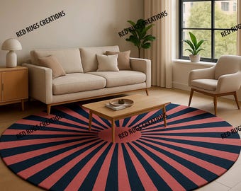 Modern Round Pink Navy Sunburst Rug, Bold Living Room Accent Carpet