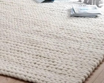 Handmade New Zealand Wool Rug: Ivory Cable Knit, Custom Size