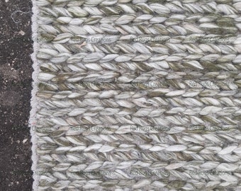 Handwoven Green Wool Rug: Thick Braided Texture, Custom Size