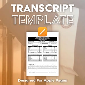 May include: A white document titled Royal Homeschool Academy Official High School Transcript with an orange Apple Pages icon featuring a white pen. The form includes sections for student information, credits, grades for four years, and a grading scale.