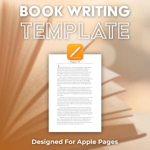 Può includere: Un modello digitale per la scrittura di libri con il testo BOOK WRITING TEMPLATE in alto e Designed For Apple Pages in basso. Il centro mostra una pagina intitolata Chapter IV con un'icona arancione di Apple Pages sopra.