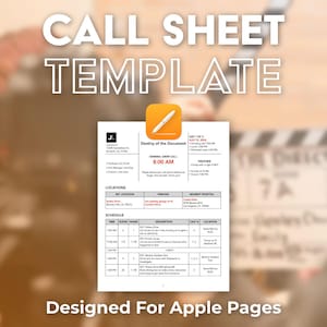 Peut inclure: Un modèle de feuille de service numérique pour Apple Pages sur fond blanc avec du texte noir, organisé en sections pour les détails de production, les lieux et un planning quotidien, surmonté d'une icône orange représentant un stylo blanc.
