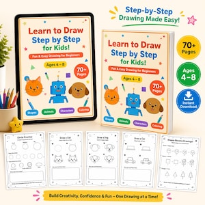 以下が含まれることがあります： 「Learn to Draw Step by Step for Kids!」というタイトルのタブレットと本が表示され、漫画の動物と描画エクササイズが特徴です。 この本は4〜8歳向けに設計されており、70ページ以上含まれています。 画像には描画の例も表示されています。