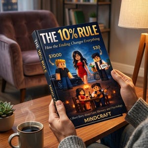 May include: A person holding a book titled "THE 10% RULE" with the subtitle "How the Ending Changes Everything." The cover features illustrated characters and the text "MINDCRAFT." A cup of coffee sits on a wooden table.