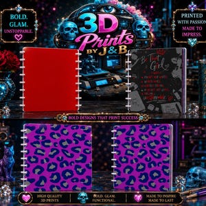 Può includere: Una collezione di quaderni rilegati a dischi con una copertina rossa tinta unita, una copertina nera con il testo bianco Be That Girl e due copertine con stampa leopardata viola e nera, esposti con teschi e rose decorative.