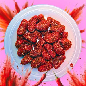 May include: A white bowl filled with red, spicy, chili-coated candies. The bowl is on a pink background with red chili powder splattered around it.