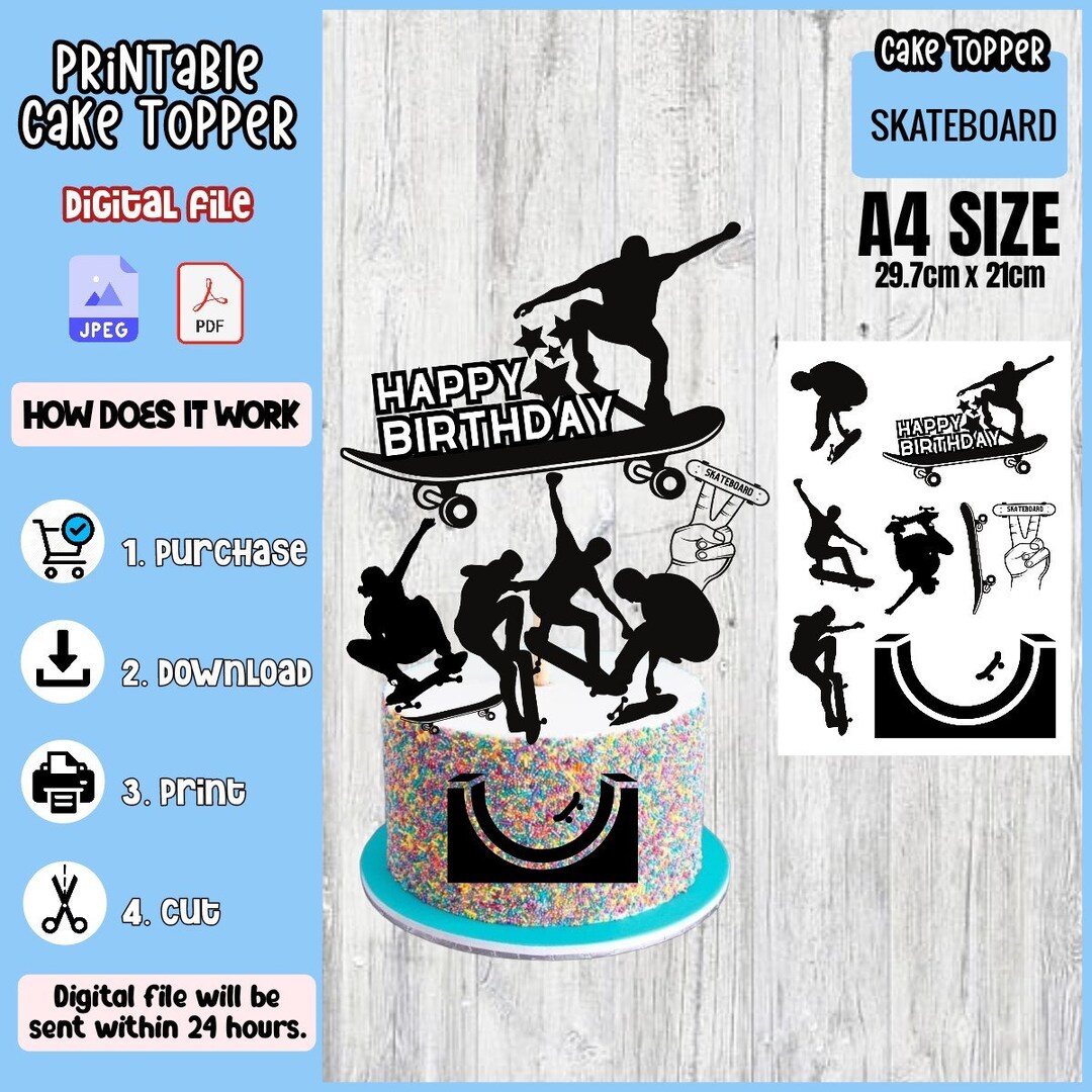 Skateboard Cake Topper Printable Digital File INSTANT DOWNLOAD - Etsy