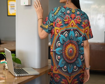 May include: A woman wearing a short-sleeved dress with a colorful mandala pattern. The dress has a blue background with red, yellow, and orange accents. The mandala is intricate and detailed, with a variety of geometric shapes and floral motifs.