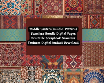 Könnte beinhalten: Ein digitales Papierpaket mit 12 nahtlosen Mustern, inspiriert von orientalischen Teppichen und Textilien. Die Muster sind in verschiedenen Farben gehalten, darunter Rot, Blau, Gold und Braun. Die Muster sind kompliziert und detailliert und eignen sich perfekt für Scrapbooking, Kartenherstellung oder andere Bastelprojekte.  "Middle Eastern Bundle Patterns Seamless Bundle Digital Paper, Printable Scrapbook Seamless Textures Digital Instant Download"