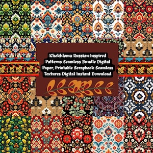 May include: A collection of Khokhloma Russian-inspired seamless patterns in various colors, including red, orange, blue, and black. The patterns feature floral and ornamental designs. Text on the image reads: Khokhloma Russian Inspired Patterns Seamless Bundle Digital Paper, Printable Scrapbook Seamless Textures Digital Instant Download.