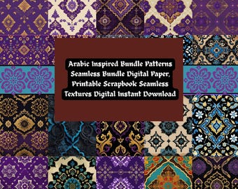 May include: A selection of digital paper patterns with an Arabic-inspired design. The patterns feature ornate floral and geometric motifs in shades of purple, gold, teal, and cream. The image includes the text "Arabic Inspired Bundle Patterns Seamless Bundle Digital Paper, Printable Scrapbook Seamless Textures Digital Instant Download."
